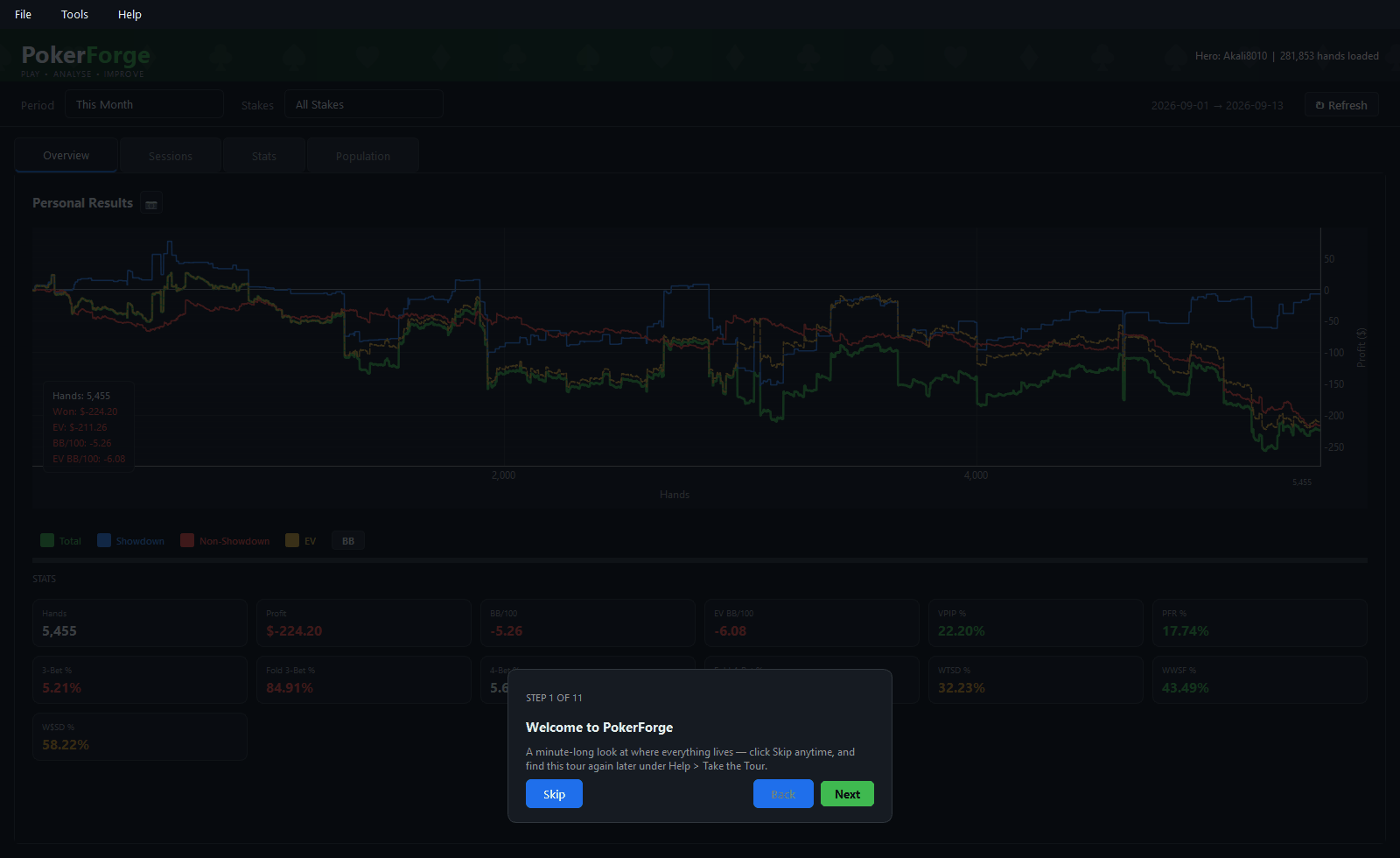 PokerForge walking through its Overview, Stats and villain profile tabs